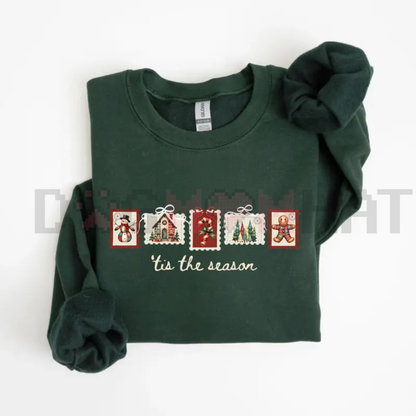 Retro Winter Stamp Sweatshirt – Patchwork Christmas Stamps Coquette Aesthetic Jumper - dogmomhat