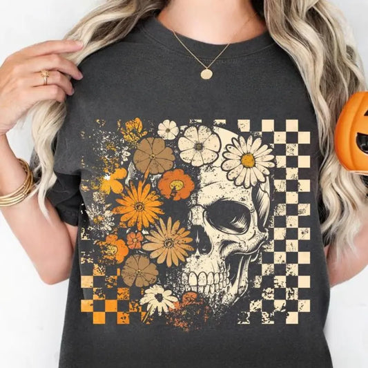 Skull & Flowers Graphic Tee – Vintage Halloween T-Shirt, Retro Aesthetic Oversized Shirt - Dogmomhat