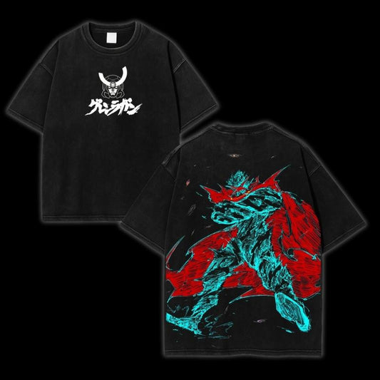 Spiral Overdrive Protocol T-Shirt – Acid Washed Oversized Mecha Streetwear Tee with Crimson Skull Crest & Back Graphic - dogmomhat