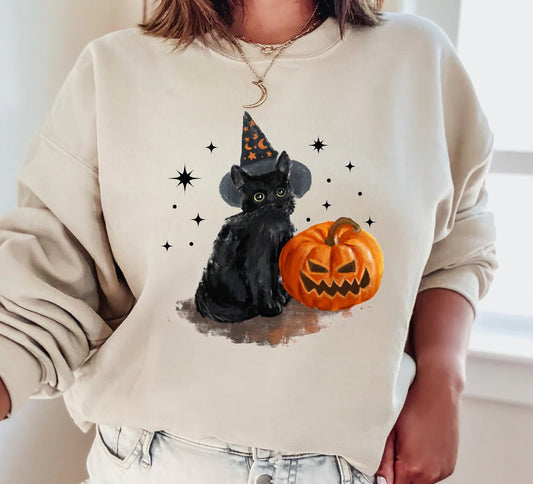Spooky Cat Crewneck – Vintage Wash Halloween Spooky Season Crewneck, Unisex Cat Lovers Sweatshirt - Dogmomhat