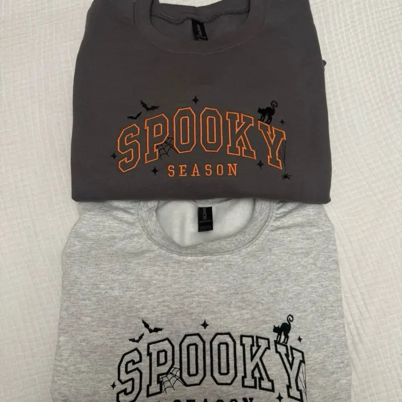 Spooky Season Cat Embroidered Sweatshirt - Halloween Bats & Spiderweb Apparel - Dogmomhat