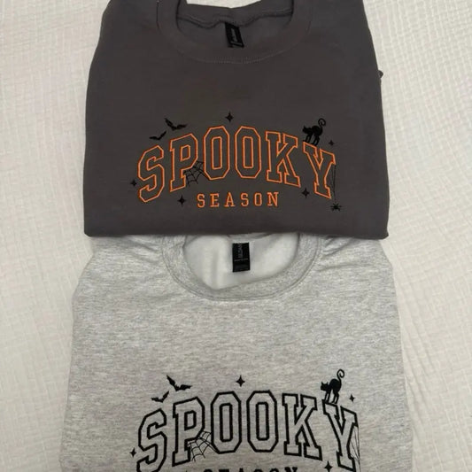 Spooky Season Cat Embroidered Sweatshirt - Halloween Bats & Spiderweb Apparel - Dogmomhat