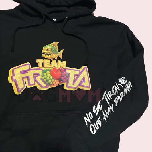Team Fruta Pullover Hoodie – Black, Spanish Slogan & Fruit Logo Unisex Streetwear - dogmomhat