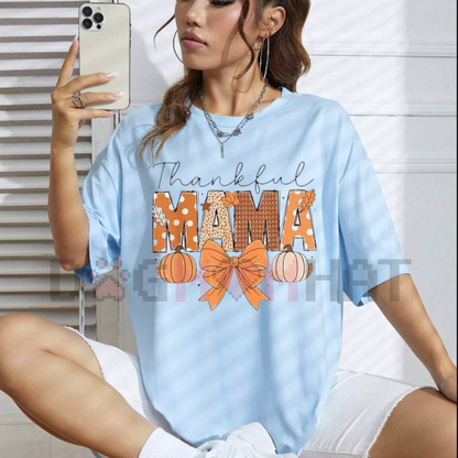 "Thankful Mama" Coquette Fall T-Shirt – Women's Pumpkin Spice Thanksgiving Graphic Tee - dogmomhat