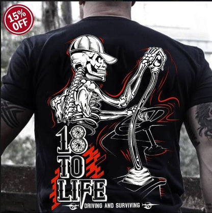 Peterbilt 18 to Life T-Shirt – Skeleton Trucker Graphic Tee for Hardcore Truckers