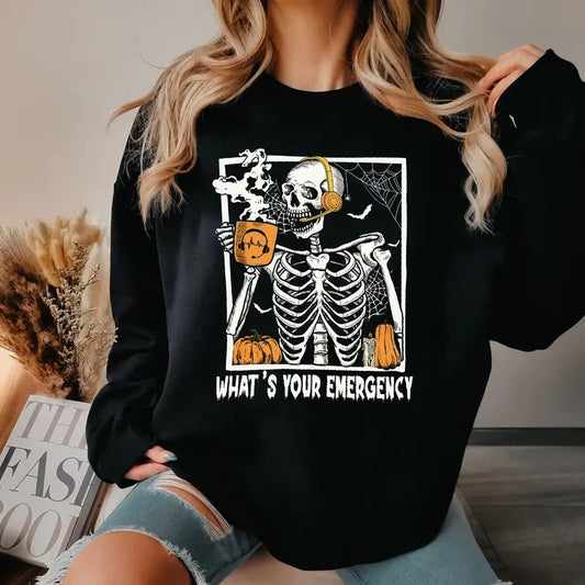 "What's Your Emergency" 911 Dispatcher Sweatshirt - Skeleton Halloween Crewneck - Dogmomhat