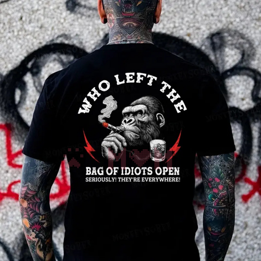 "Who Left The Bag Of Idiots Open" Funny Sarcastic Monkey T-Shirt - Dogmomhat