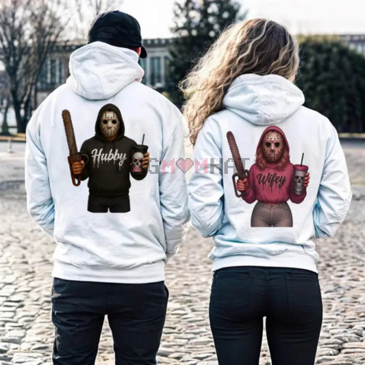 Wifey & Hubby Jason Hoodie – Halloween Couple Outfits, Spooky Horror Movie Shirt, Anniversary Gift - Dogmomhat
