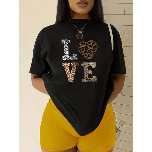 Women's Leopard Heart LOVE T-Shirt – Casual Crewneck Summer Streetwear - Dogmomhat
