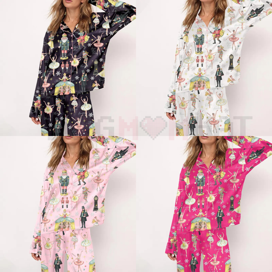 Women's Nutcracker Ballet Print Satin Pajama Set - dogmomhat