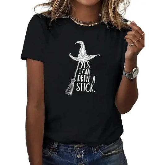 "Yes I Can Drive a Stick" Witch T-Shirt - Funny Halloween Graphic Tee - Dogmomhat