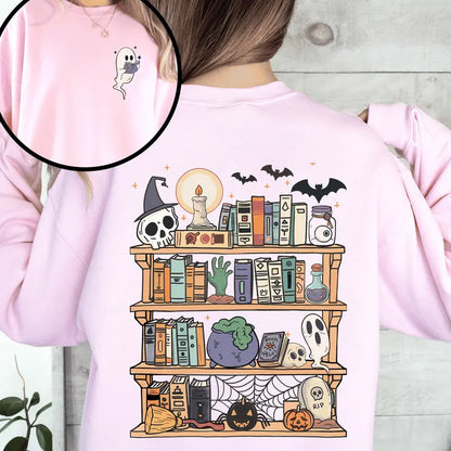"Reading Ghost" Halloween Sweatshirt - Front & Back Teacher Boo Tee