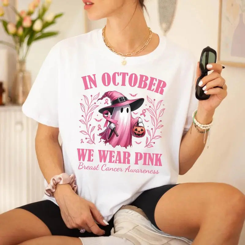 "In October We Wear Pink Ghost" Shirt – Halloween Breast Cancer Awareness Tee, Spooky Season Support Shirt
