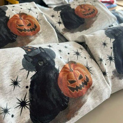 Spooky Cat Crewneck – Vintage Wash Halloween Spooky Season Crewneck, Unisex Cat Lovers Sweatshirt