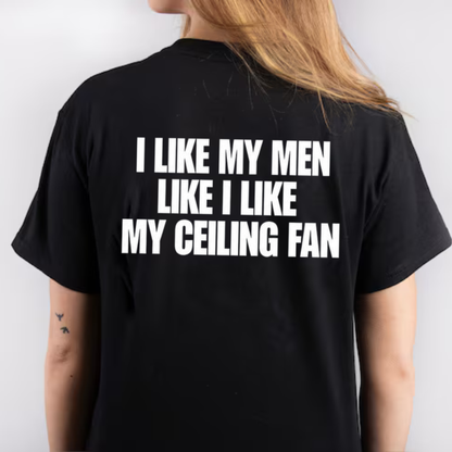 ack view of the I Like My Men Like I Like My Ceiling Fan T-Shirt displaying bold quote typography printed across the back. - dogmomhat