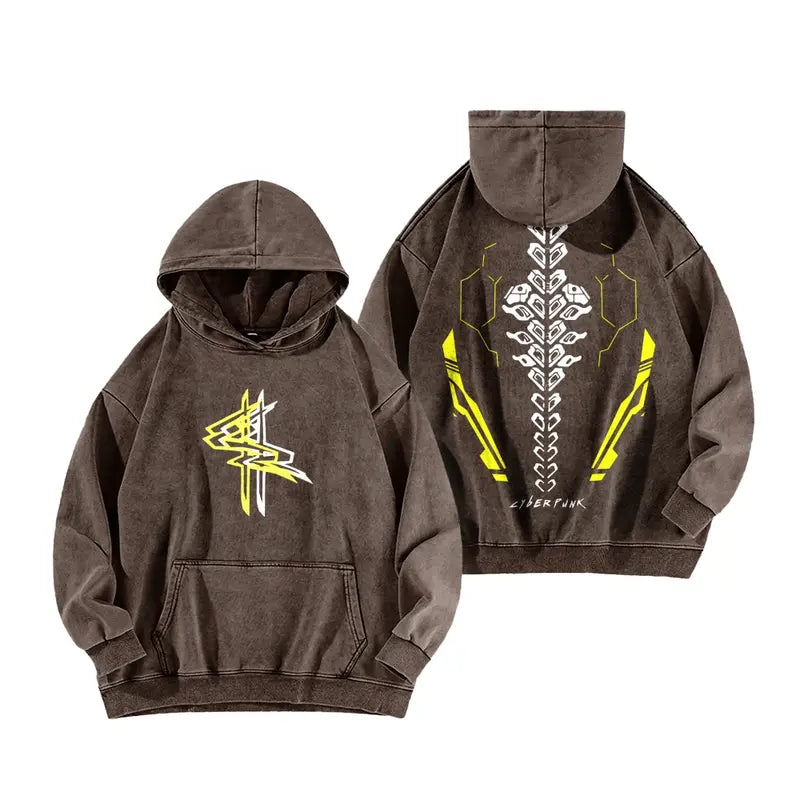 Soft Washed Cotton Cyberpunk Machinery Graphic Hoodie Pullover