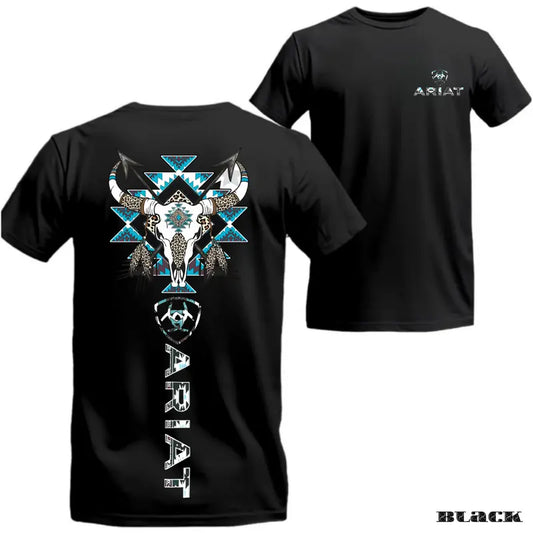 Ariat Western Tribal Bull Skull T-Shirt – Turquoise Accents, Soft Cotton, Relaxed Fit Rodeo Style Tee for Cowboy Lovers