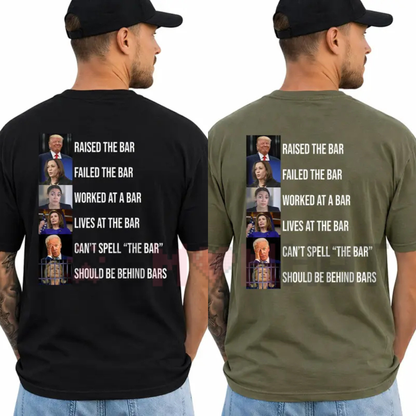 back view of the Trump Raised The Bar Failed The Bar Funny Satirical Graphic Washed T-Shirt - dogmomhat