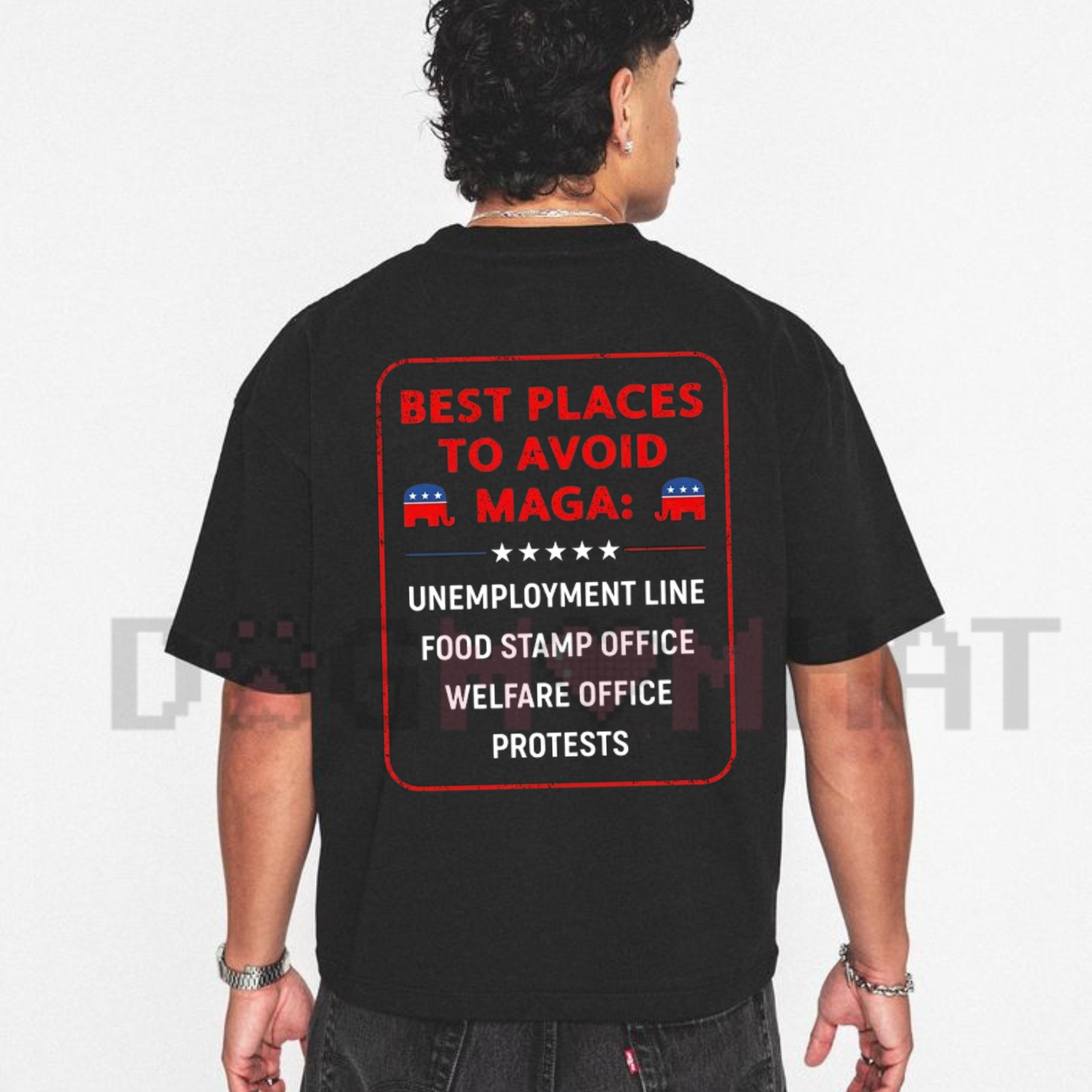 back view of the black Best Places To Avoid MAGA T-Shirt showing the clean, bold typography design on the chest - dogmomhat