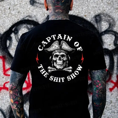 "Captain of the Shit Show" Skull Print T-Shirt – Funny & Fashionable Men's Crewneck, Casual Cotton Tee