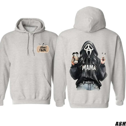 Spooky Mama Halloween Hoodie – Ghost Face Girl Drinking Coffee