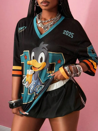 Y2K Retro Mesh Doll V-Neck Sporty Tee