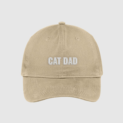 khaki cat dad hat embroidered with white text