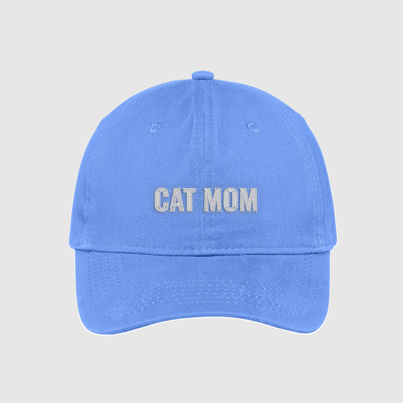 Carolina Blue Cat Mom Hat embroidered with white text