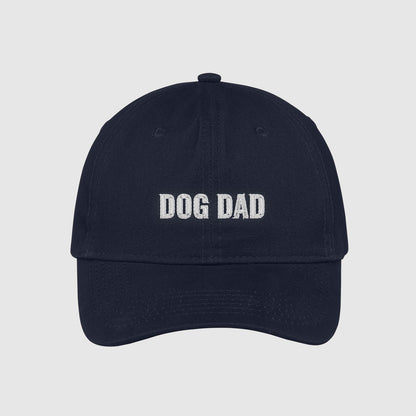 Navy Dog Dad Hat embroidered with white text