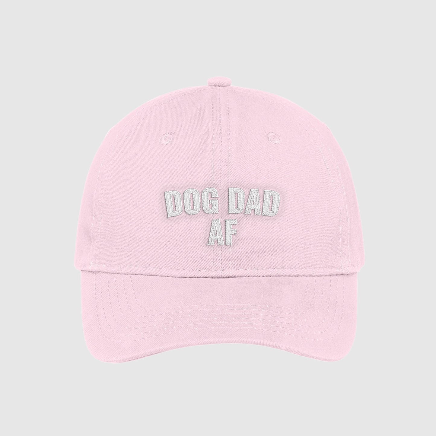 Blush pink Dog Dad AF Hat embroidered with white text