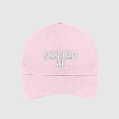 Blush pink Dog Dad AF Hat embroidered with white text