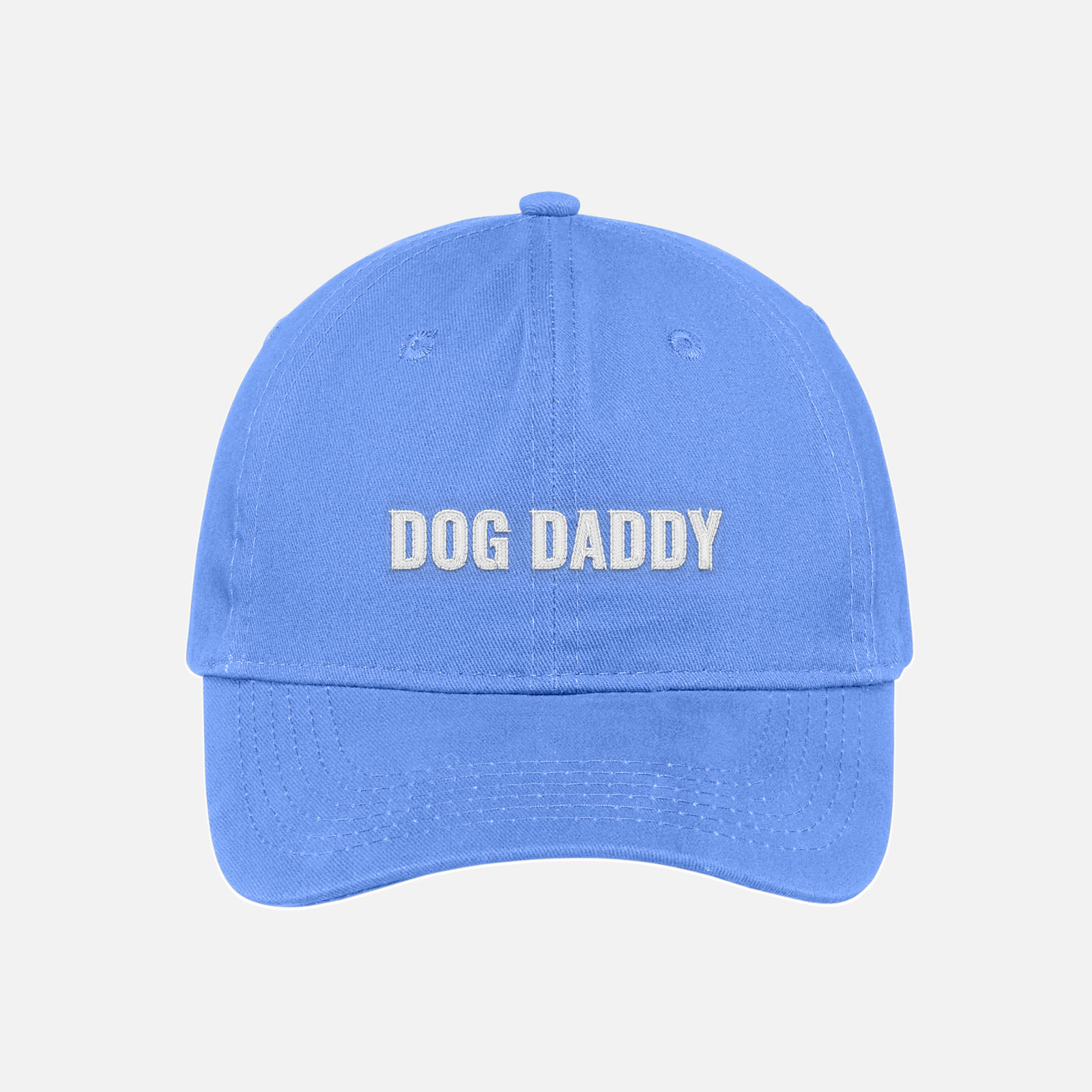 Carolina blue dog daddy dad hat embroidered baseball cap with white text.