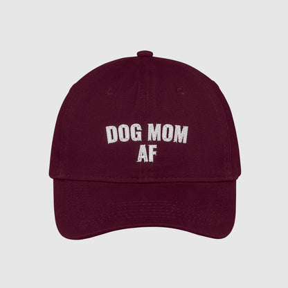 Maroon Dog Mom AF Hat embroidered with white text.