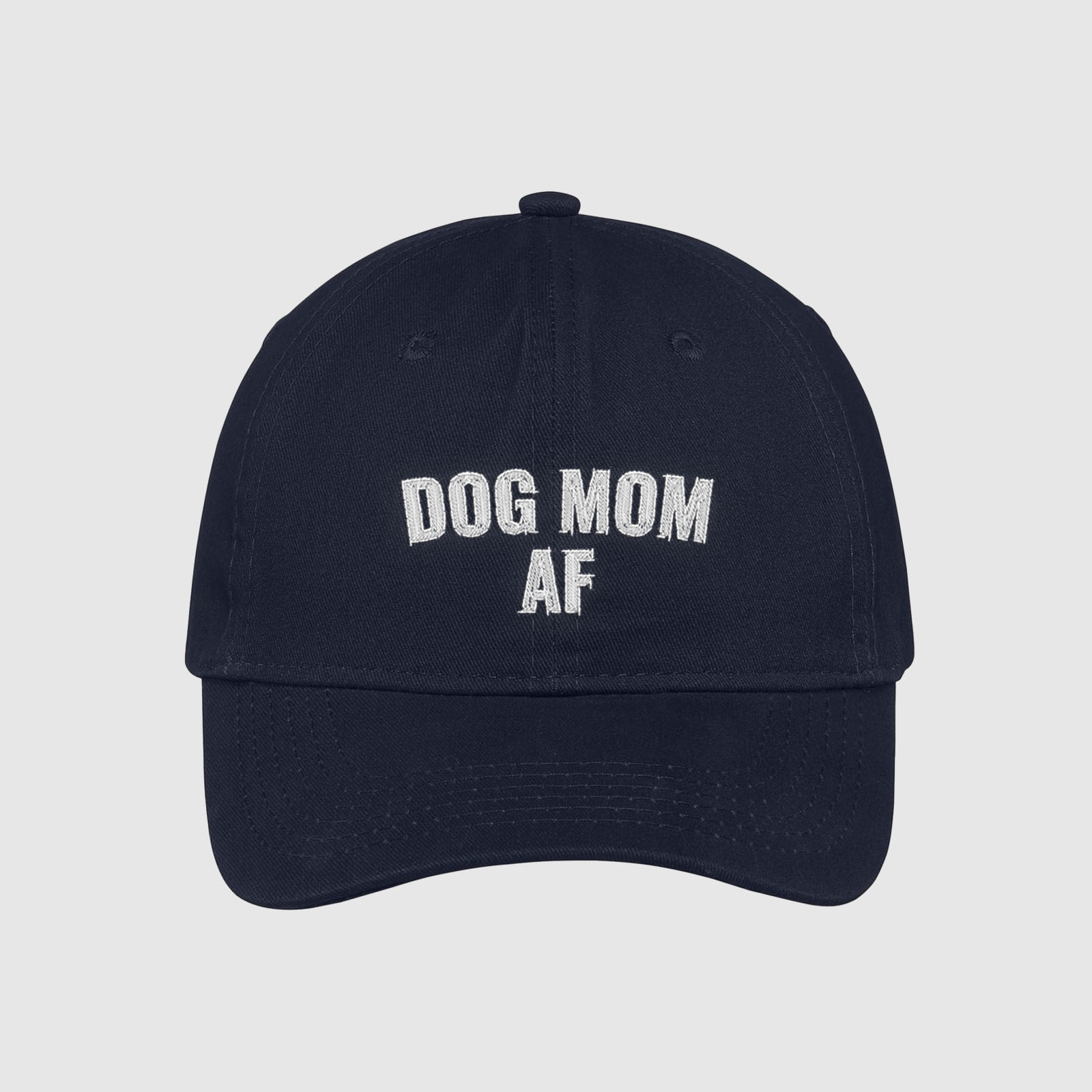 Navy Dog Mom AF Hat embroidered with white text.