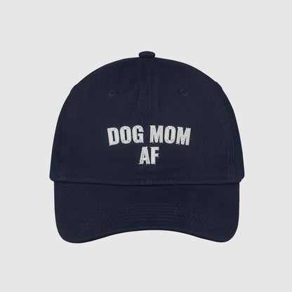 Navy Dog Mom AF Hat embroidered with white text.