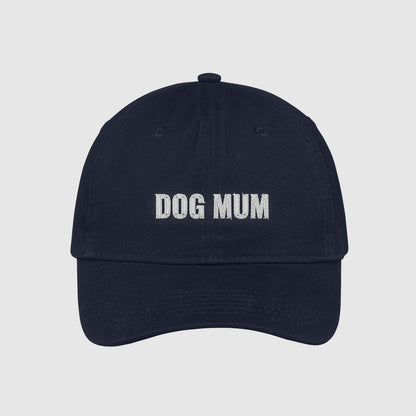 Navy Dog Mum Hat embroidered with white text.