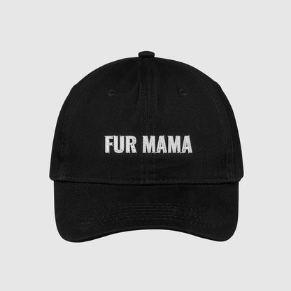 Black Fur Mama dad Hat for dog moms embroidered with white text.