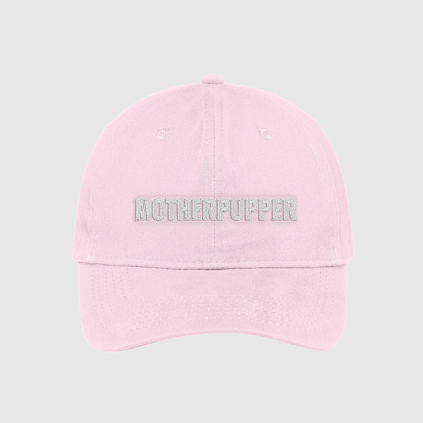 Blush pink Mother Pupper dad Hat for dog moms embroidered with white text.