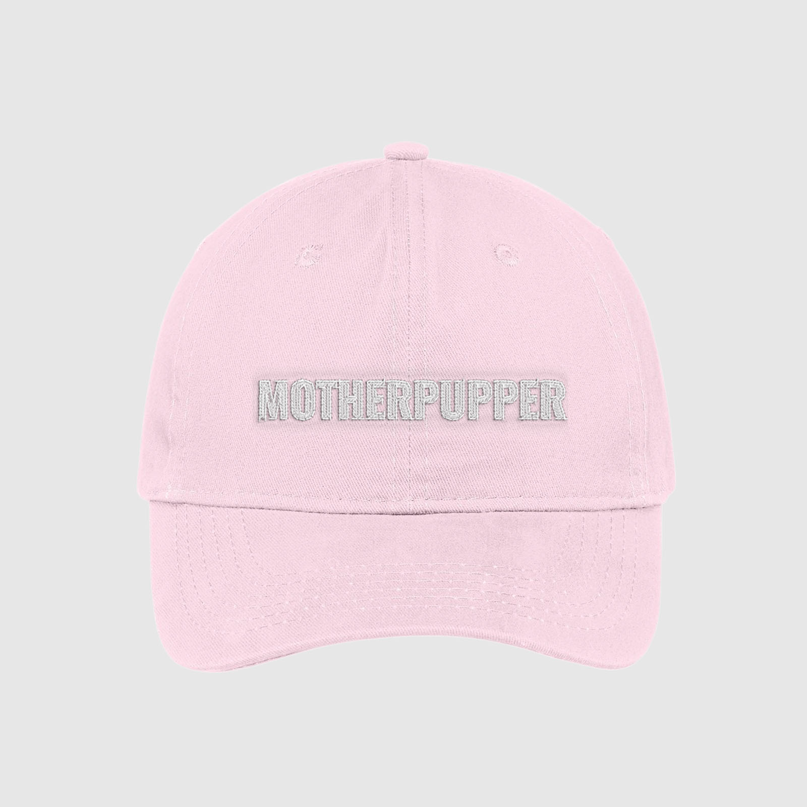 Blush pink Mother Pupper dad Hat for dog moms embroidered with white text.