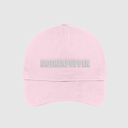 Blush pink Mother Pupper dad Hat for dog moms embroidered with white text.