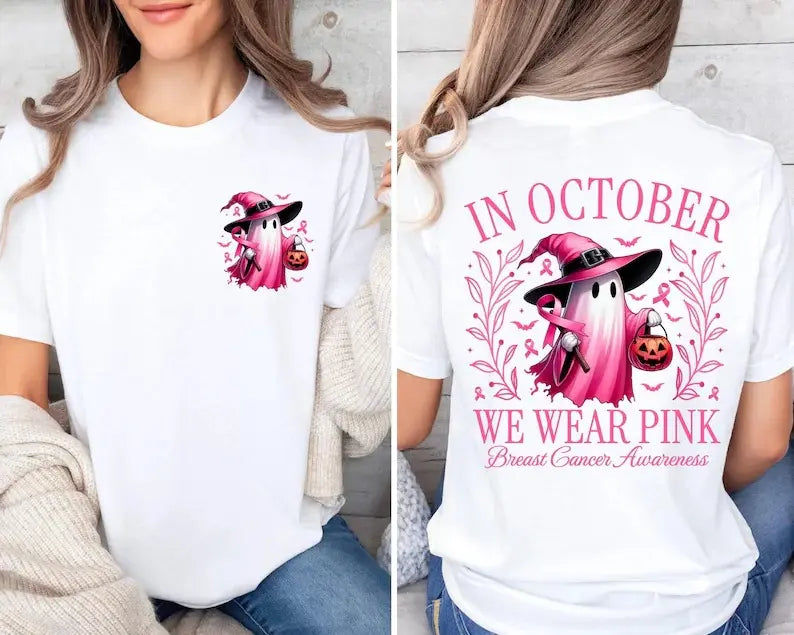 In October We Wear Pink Ghost Graphic Tee - Cute Halloween Breast Cancer Awareness Ribbon Cotton Unisex T-Shirt