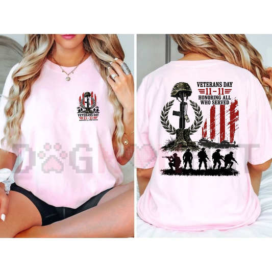 horizon tee displaying vintage Veterans Day '11-11 Honoring All Who Served' graphic artwork across the chest of a soft crewneck shirt. - dogmomhat